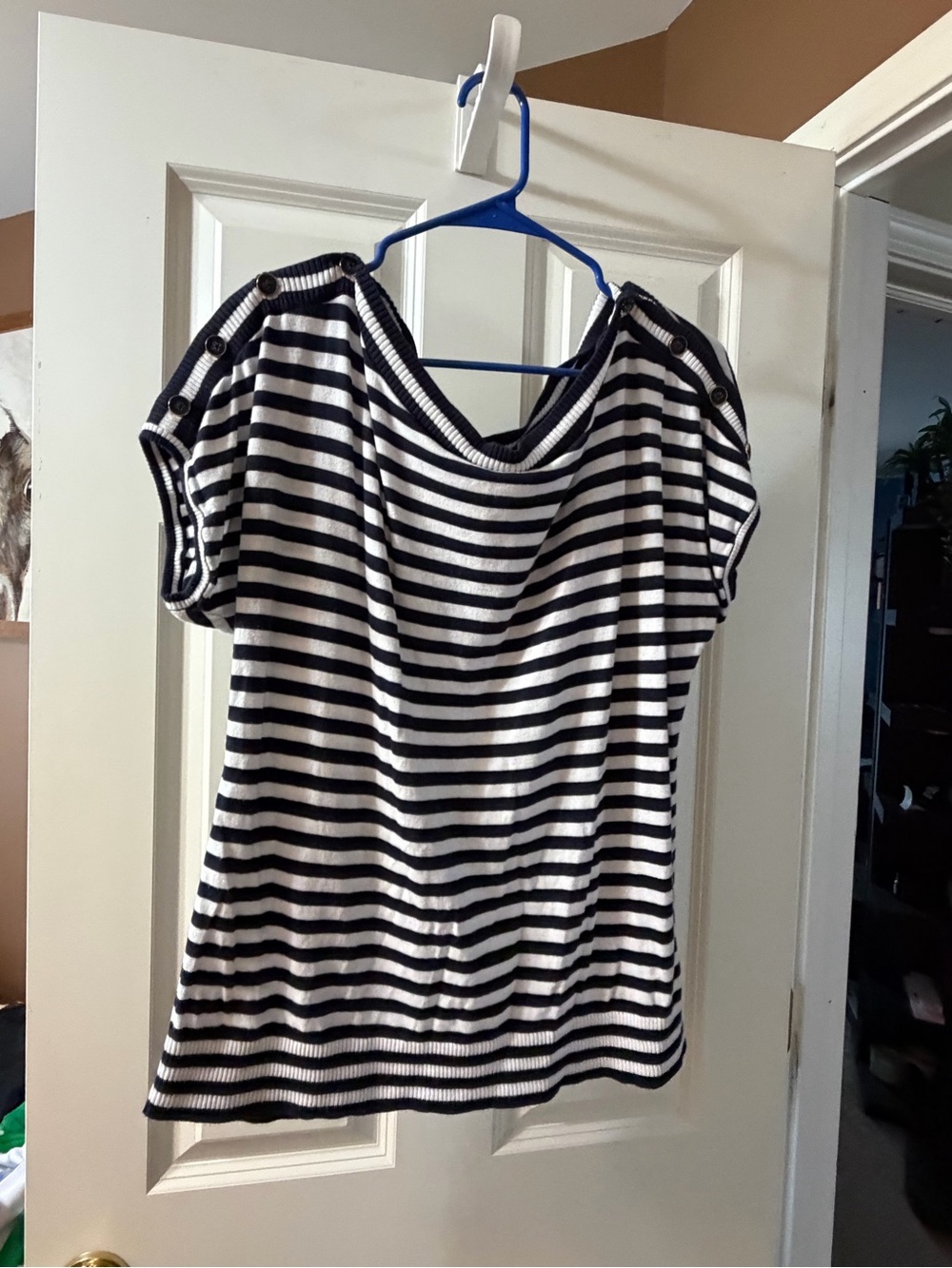 Talbots Striped Boatneck Short Sleeve Sweater - Navy & White
